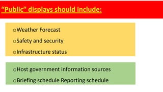 “Public” displays should include:
oWeather Forecast
oSafety and security
oInfrastructure status
oHost government information sources
oBriefing schedule Reporting schedule
 