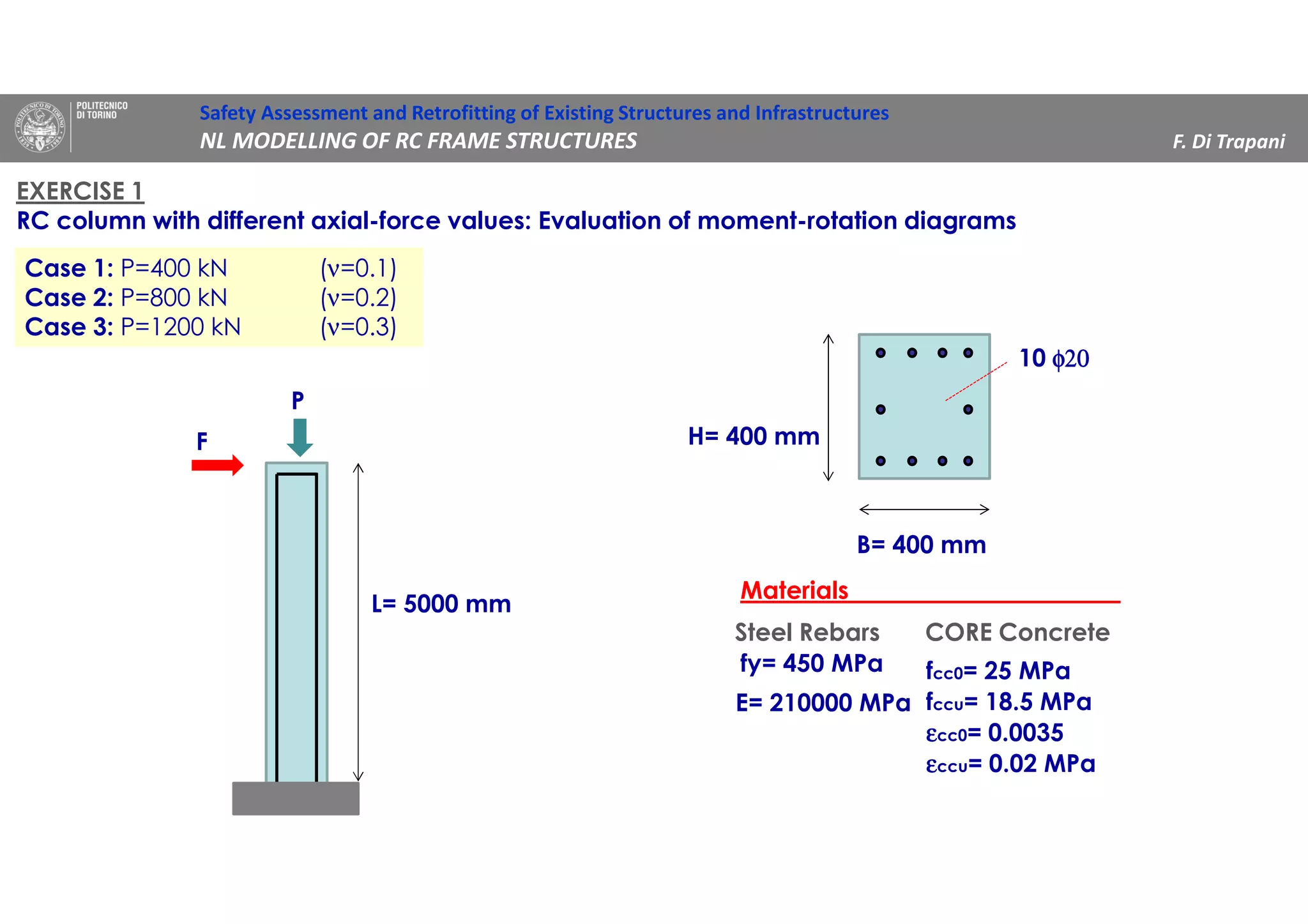 EXERCISE 1
RC column with different axial-force values: Evaluation of moment-rotation diagrams
B= 400 mm
P
H= 400 mm
fy= 450 MPa
E= 210000 MPa
fcc0= 25 MPa
fccu= 18.5 MPa
εεεεcc0= 0.0035
εεεεccu= 0.02 MPa
Materials
Steel Rebars CORE Concrete
L= 5000 mm
F
10 φ20φ20φ20φ20
Case 1: P=400 kN (ν=0.1)
Case 2: P=800 kN (ν=0.2)
Case 3: P=1200 kN (ν=0.3)
Safety Assessment and Retrofitting of Existing Structures and Infrastructures
NL MODELLING OF RC FRAME STRUCTURES F. Di Trapani
 