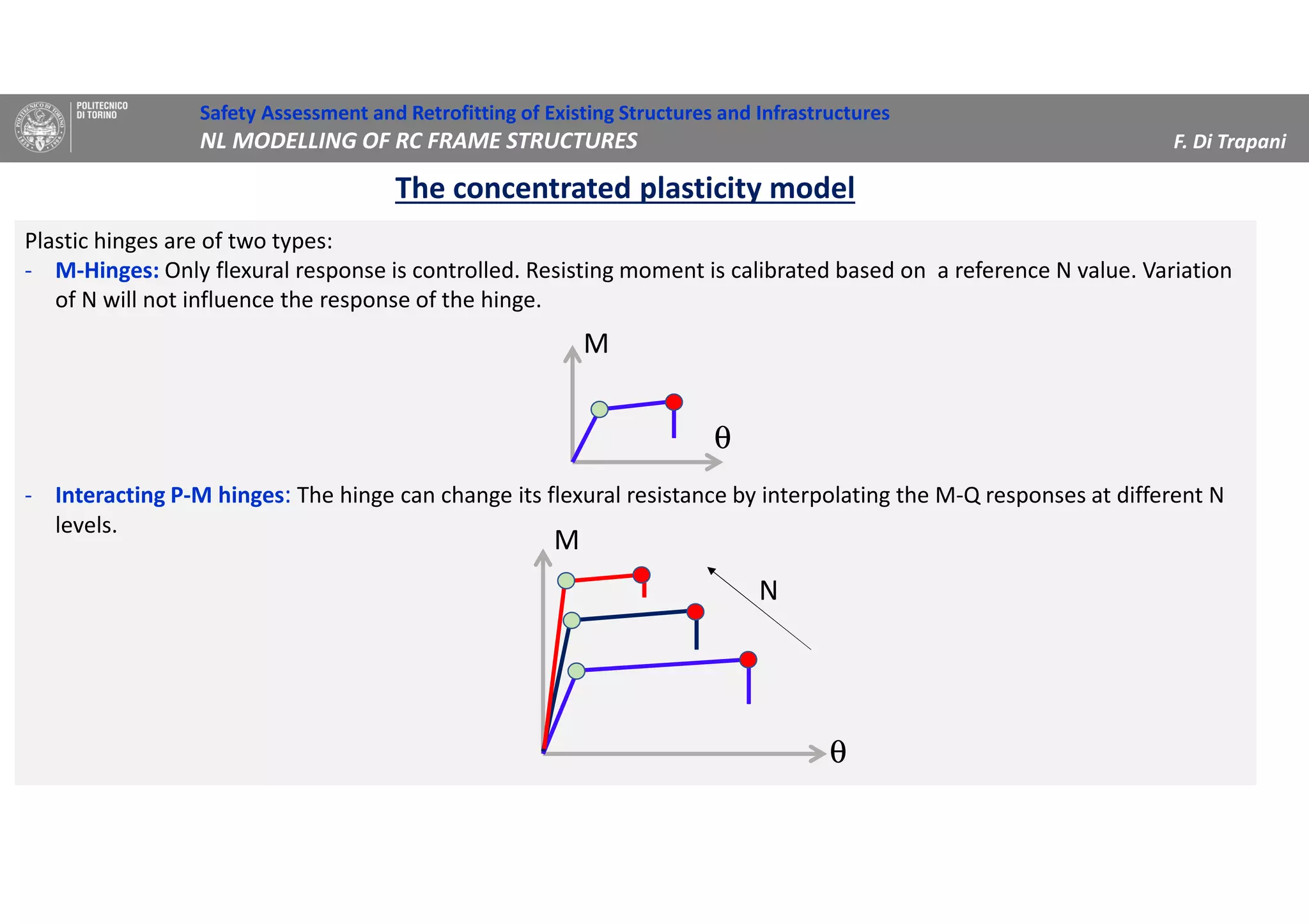 Safety Assessment and Retrofitting of Existing Structures and Infrastructures
NL MODELLING OF RC FRAME STRUCTURES F. Di Trapani
The concentrated plasticity model
Plastic hinges are of two types:
- M-Hinges: Only flexural response is controlled. Resisting moment is calibrated based on a reference N value. Variation
of N will not influence the response of the hinge.
- Interacting P-M hinges: The hinge can change its flexural resistance by interpolating the M-Q responses at different N
levels.
Plastic hinges are of two types:
- M-Hinges: Only flexural response is controlled. Resisting moment is calibrated based on a reference N value. Variation
of N will not influence the response of the hinge.
- Interacting P-M hinges: The hinge can change its flexural resistance by interpolating the M-Q responses at different N
levels.
θ
M
θ
M
N
 