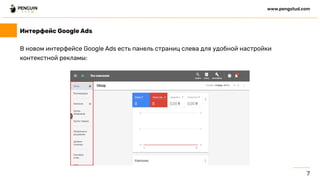 В новом интерфейсе Google Ads есть панель страниц слева для удобной настройки
контекстной рекламы:
7
www.pengstud.com
Интерфейс Google Ads
 