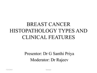 BREAST CANCER
HISTOPATHOLOGY TYPES AND
CLINICAL FEATURES
Presentor: Dr G Santhi Priya
Moderator: Dr Rajeev
7/25/2018 Seminar
 