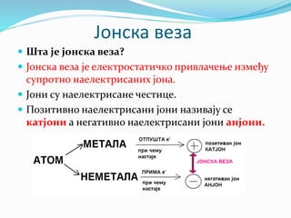 Јонска веза
 Шта је јонска веза?
 Јонска веза је електростатичко привлачење између
супротно наелектрисаних јона.
 Јони су наелектрисане честице.
 Позитивно наелектрисани јони називају се
катјони а негативно наелектрисани јони анјони.
 