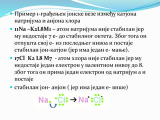  Пример 1-грађењен јонске везе између катјона
натријума и анјона хлора
 11Na –K2L8M1 – атом натријума није стабилан јер
му недостаје 7 е- до стабилног октета. Због тога он
отпушта свој е- из последњег нивоа и постаје
стабилан јон-катјон (јер има један е- мање).
 17Cl K2 L8 M7 - атом хлора није стабилан јер му
недостаје један електрон у валентном нивоу до 8.
због тога он прима један електрон од натријум а и
постаје
 стабилан јон- анјон ( јер има један е- више)
 