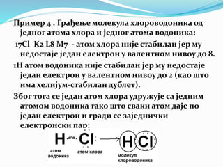Пример 4 . Грађење молекула хлороводоника од
једног атома хлора и једног атома водоника:
17Cl K2 L8 M7 - атом хлора није стабилан јер му
недостаје један електрон у валентном нивоу до 8.
1Н атом водоника није стабилан јер му недостаје
један електрон у валентном нивоу до 2 (као што
има хелијум-стабилан дублет).
Због тога се један атом хлора удружује са једним
атомом водоника тако што сваки атом даје по
један електрон и гради се заједнички
електронски пар:
 