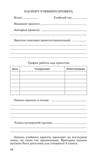 44
ПАСПОРТ УЧЕБНОГО ПРОЕКТА
Класс 	 Учебный год
Название проекта	
Автор(ы) проекта:	
Краткое описание проекта (аннотация):	
График работы над проектом
Дата Содержание Ответственные
Оценка проекта и отзыв:	
Члены экспертной группы:	
Оценка учебного проекта проходит на последнем
этапе, на этапе его презентации. Критерии оценки
должны быть доступны для учащихся 4 класса.
 