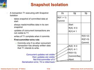 ©Silberschatz, Korth and Sudarshan15.52Database System Concepts - 6th Edition
Snapshot Isolation
A transaction T1 executing with Snapshot
Isolation
takes snapshot of committed data at
start
always reads/modifies data in its own
snapshot
updates of concurrent transactions are
not visible to T1
writes of T1 complete when it commits
First-committer-wins rule:
 Commits only if no other concurrent
transaction has already written data
that T1 intends to write.
T1 T2 T3
W(Y := 1)
Commit
Start
R(X)  0
R(Y) 1
W(X:=2)
W(Z:=3)
Commit
R(Z)  0
R(Y)  1
W(X:=3)
Commit-Req
Abort
Concurrent updates not visible
Own updates are visible
Not first-committer of X
Serialization error, T2 is rolled back
 
