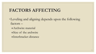 FACTORS AFFECTING
◦Leveling and aligning depends upon the following
factors –
Archwire material
Size of the archwire
Interbracket distance
15
 