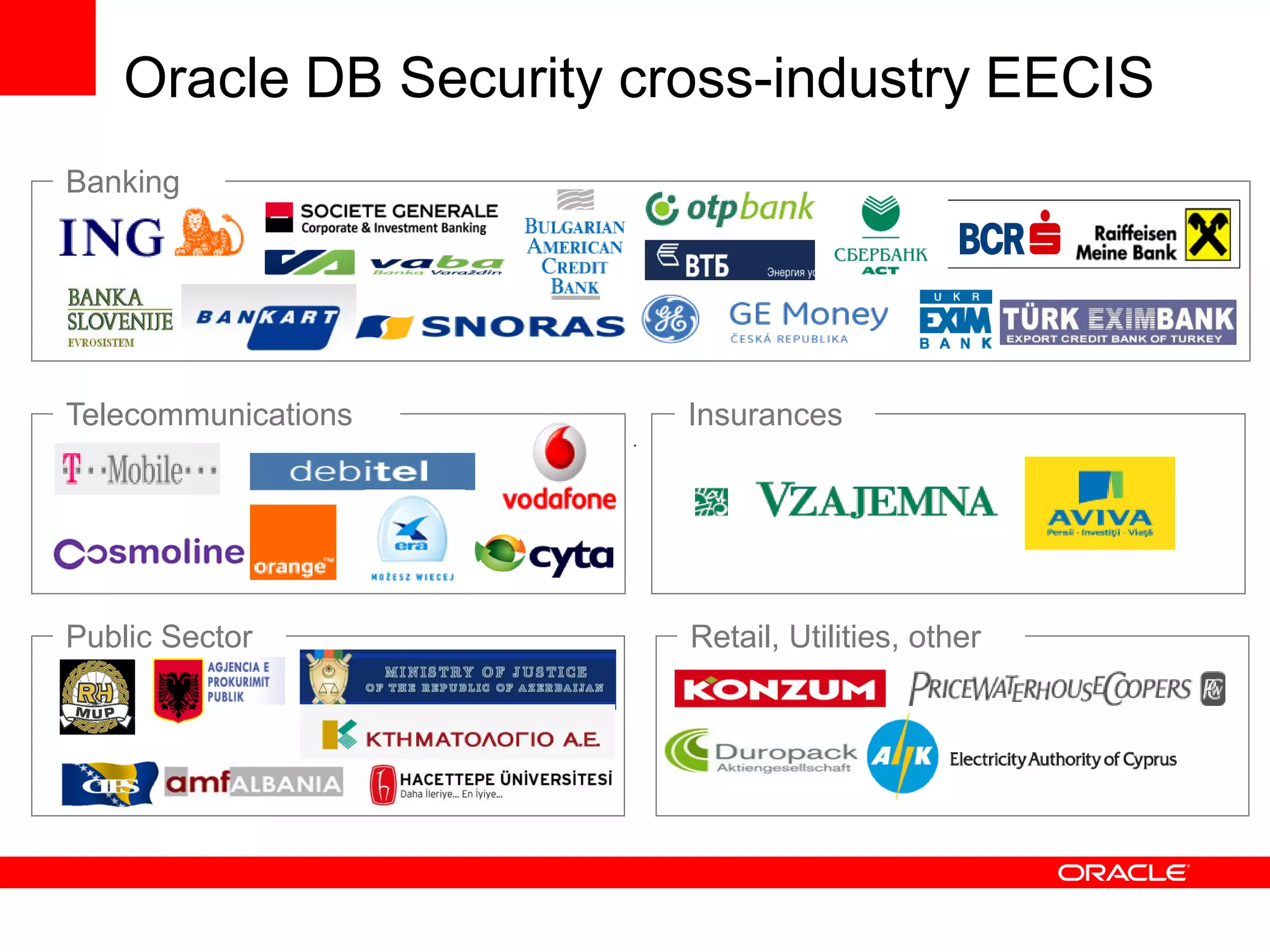 Oracle DB Security cross-industry EECIS
Banking
Telecommunication
Public Sector Retail, Utilities, other
Telecommunications Insurances
CIPSCIPS
 