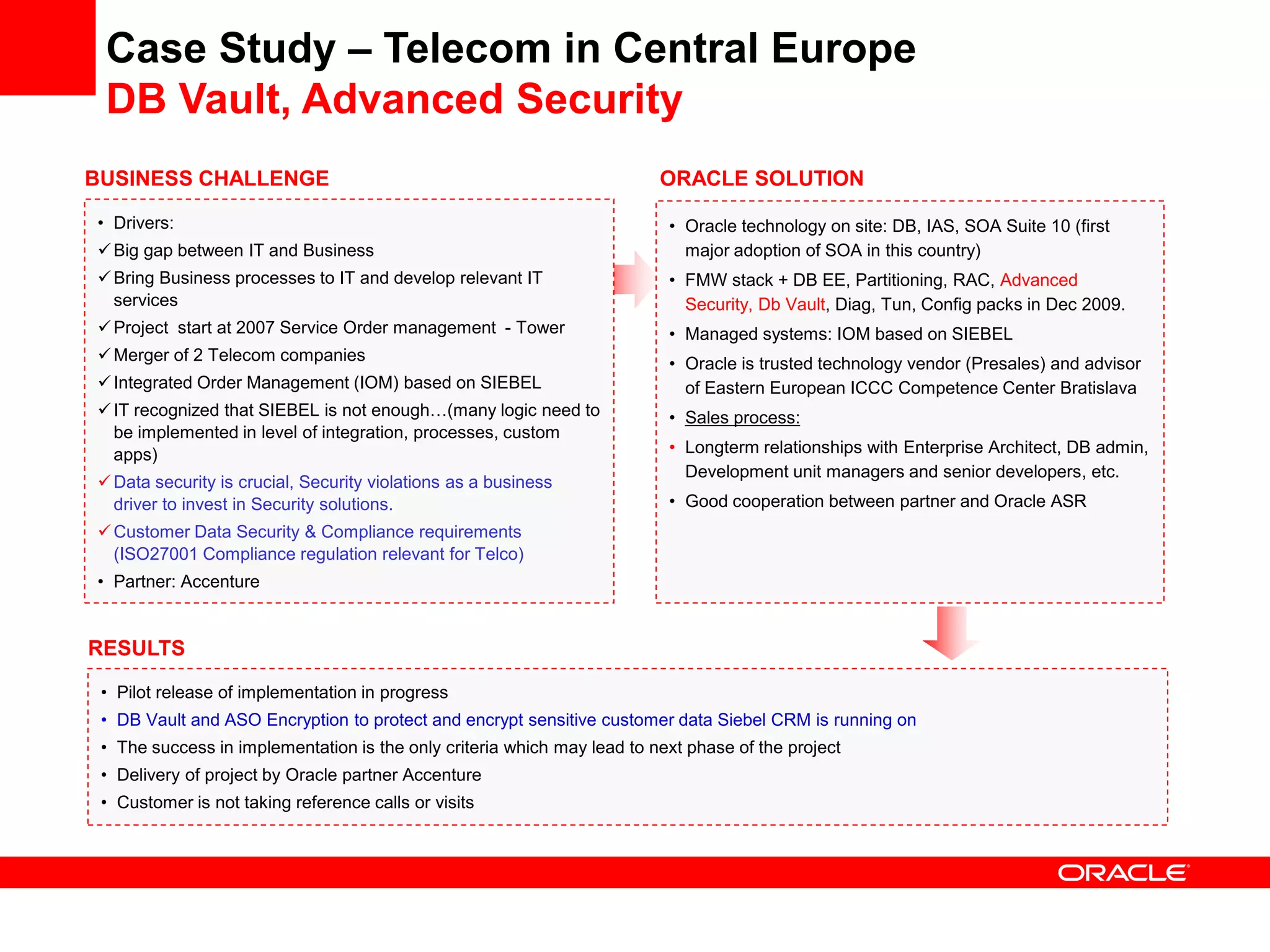 Case Study – Telecom in Central Europe
DB Vault, Advanced Security
• Pilot release of implementation in progress
• DB Vault and ASO Encryption to protect and encrypt sensitive customer data Siebel CRM is running on
• The success in implementation is the only criteria which may lead to next phase of the project
• Delivery of project by Oracle partner Accenture
• Customer is not taking reference calls or visits
BUSINESS CHALLENGE
• Drivers:
Big gap between IT and Business
Bring Business processes to IT and develop relevant IT
services
Project start at 2007 Service Order management - Tower
Merger of 2 Telecom companies
Integrated Order Management (IOM) based on SIEBEL
IT recognized that SIEBEL is not enough…(many logic need to
be implemented in level of integration, processes, custom
apps)
Data security is crucial, Security violations as a business
driver to invest in Security solutions.
Customer Data Security & Compliance requirements
(ISO27001 Compliance regulation relevant for Telco)
• Partner: Accenture
RESULTS
ORACLE SOLUTION
• Oracle technology on site: DB, IAS, SOA Suite 10 (first
major adoption of SOA in this country)
• FMW stack + DB EE, Partitioning, RAC, Advanced
Security, Db Vault, Diag, Tun, Config packs in Dec 2009.
• Managed systems: IOM based on SIEBEL
• Oracle is trusted technology vendor (Presales) and advisor
of Eastern European ICCC Competence Center Bratislava
• Sales process:
• Longterm relationships with Enterprise Architect, DB admin,
Development unit managers and senior developers, etc.
• Good cooperation between partner and Oracle ASR
 