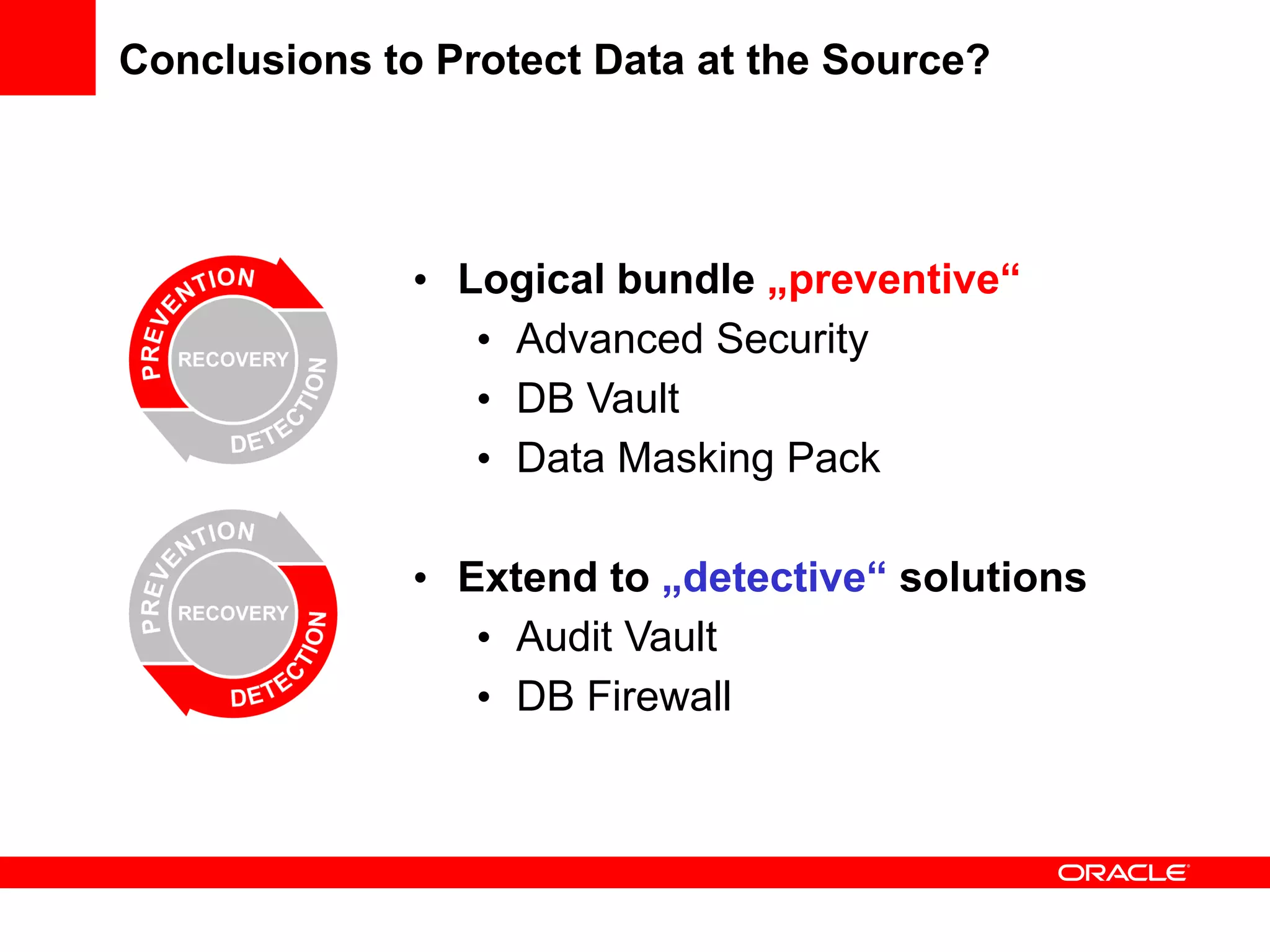 Conclusions to Protect Data at the Source?
• Logical bundle „preventive“
• Advanced Security
• DB Vault
• Data Masking Pack
• Extend to „detective“ solutions
• Audit Vault
• DB Firewall
 