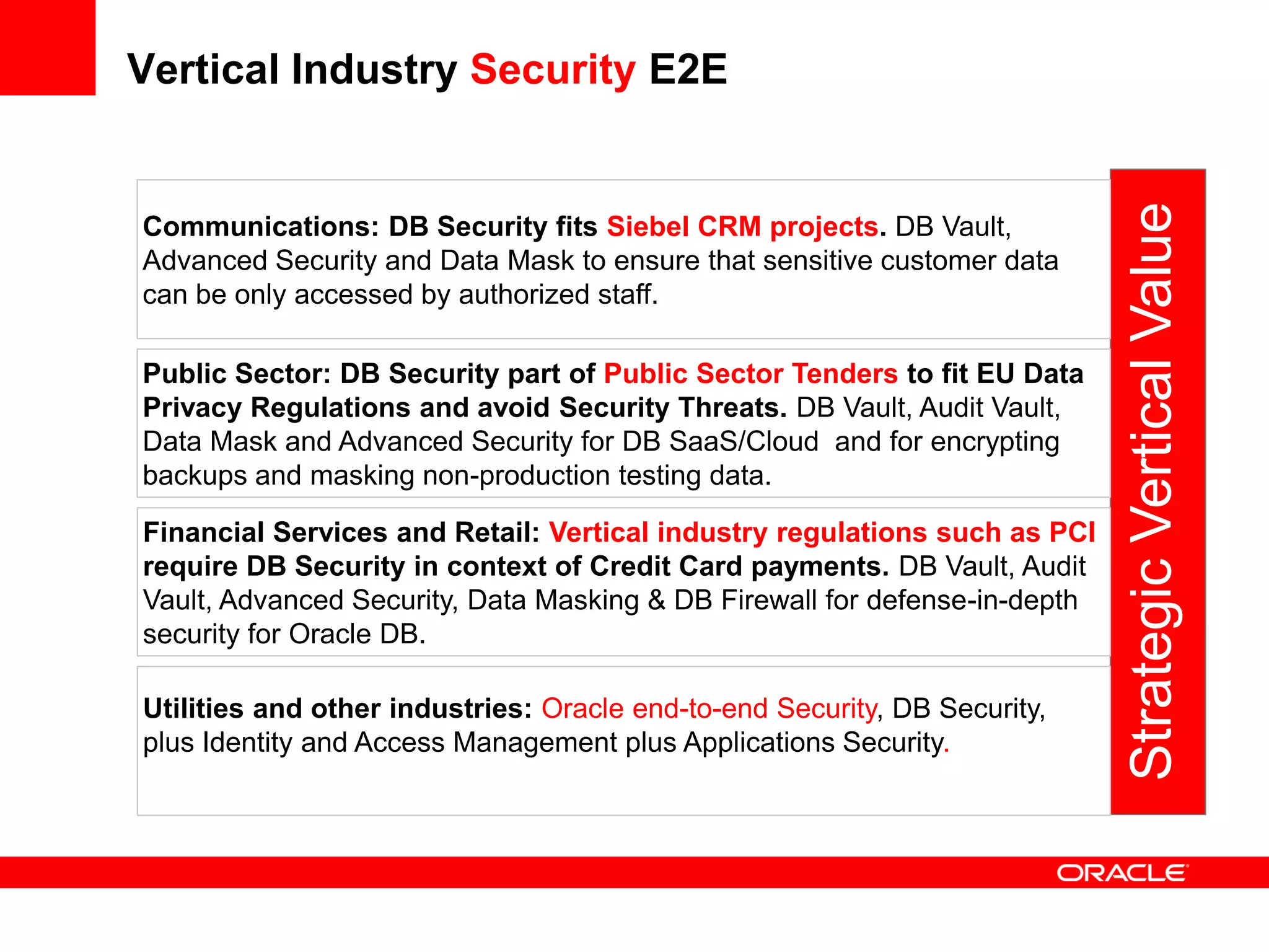 Vertical Industry Security E2E
StrategicVerticalValue
Public Sector: DB Security part of Public Sector Tenders to fit EU Data
Privacy Regulations and avoid Security Threats. DB Vault, Audit Vault,
Data Mask and Advanced Security for DB SaaS/Cloud and for encrypting
backups and masking non-production testing data.
Financial Services and Retail: Vertical industry regulations such as PCI
require DB Security in context of Credit Card payments. DB Vault, Audit
Vault, Advanced Security, Data Masking & DB Firewall for defense-in-depth
security for Oracle DB.
Utilities and other industries: Oracle end-to-end Security, DB Security,
plus Identity and Access Management plus Applications Security.
Communications: DB Security fits Siebel CRM projects. DB Vault,
Advanced Security and Data Mask to ensure that sensitive customer data
can be only accessed by authorized staff.
 