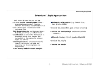 Behaviour/ Style Approaches
• What leaders do rather than who they are 

Early work - Lippitt & White (1943) identify a
single behavioural dimension - Reﬂecting
autocratic, democratic or laissez-faire behaviours 

Same authors suggest - leaders cannot easily
interchange styles

Ohio State University: e.g. Fleishman, Harris &
Burt, 1955, and others) – A two factor model:

Consideration: a concern for themes such as
promoting mutual trust, respect, and
camaraderie in the relationship between
leader and follower
Initiating structure: concerns around the
task such as defining the work, and
organising and structuring tasks and
responsibility
Is this a early ref to leaders v mangers
•University of Michigan (e.g. French 1950;
Katz & Kahn, 1951)
Concern for production (job-centred concerns)
Concern for relationships (employee-centred
concerns).
•Blake & Mouton (1964) Leadership Grid
Concern for people
Concern for results
Bebavior/Style approach
21 5.0 leadership 2019 neo2 copy - 18 September BE 2562
 