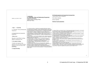 !3
อาทิตย์ 3 พ.ย. 62	09.00 - 16.00 น.
5. leadership
5.1 Leadership ( Traits and Relationship Perspective)
leadership Self-eﬃcacy

Leader-member Exchange Theory

Path Goal Theory
5.2 Transformational and transactional perspectives
Transformational Theory of Leadership

Ethics-Based Leadership

Servant Leadership

theories of group dynamics
1.Topic – 5. leadership
5.1 Leadership ( Traits and Relationship
Perspective)
5.2 Transformational and transactional
perspectives

2.Before class –
You need to read all Week 2 readings
PRIOR to attending the class.
3. Do assigned readings.
Consider your responses to the
questions in the left column. Develop a
deﬁnition in your own words of what
leadership is.
4. Assigned Readings
5.1.1 McCormick, Michael J. "Self-eﬃcacy and leadership eﬀectiveness: Applying
social cognitive theory to leadership." Journal of Leadership Studies 8.1 (2001): 22-33.

5.1.2 Gong, Yaping, Jia-Chi Huang, and Jiing-Lih Farh. "Employee learning orientation,
transformational leadership, and employee creativity: The mediating role of employee
creative self-eﬃcacy." Academy of management Journal 52.4 (2009): 765-778.

5.1.3Gist, Marilyn E. "Self-eﬃcacy: Implications for organizational behavior and human
resource management." Academy of management review 12.3 (1987): 472-485.

5.1.4Dienesch, Richard M., and Robert C. Liden. "Leader-member exchange model of
leadership: A critique and further development." Academy of management review 11.3
(1986): 618-634.

5.1.5 Wayne, Sandy J., Lynn M. Shore, and Robert C. Liden. "Perceived organizational
support and leader-member exchange: A social exchange perspective." Academy of
Management journal 40.1 (1997): 82-111.

5.1.6 Gardner, William L., and Bruce J. Avolio. "The charismatic relationship: A
dramaturgical perspective." Academy of management review 23.1 (1998): 32-58.

5.1.7 House, Robert J. "Path-goal theory of leadership: Lessons, legacy, and a
reformulated theory." The Leadership Quarterly 7.3 (1996): 323-352.

5.1.8 Zaccaro, Stephen J. "Trait-based perspectives of leadership." American
Psychologist 62.1 (2007): 6.

5.1.9 Ellemers, Naomi, Dick De Gilder, and S. Alexander Haslam. "Motivating
individuals and groups at work: A social identity perspective on leadership and group
performance." Academy of Management review 29.3 (2004): 459-478.

5.1.10 Graen, George B., and Mary Uhl-Bien. "Relationship-based approach to
leadership: Development of leader-member exchange (LMX) theory of leadership over
25 years: Applying a multi-level multi-domain perspective." The leadership quarterly 6.2
(1995): 219-247.
5.2.1Judge, Timothy A., and Ronald F. Piccolo. "Transformational and transactional leadership: a meta-analytic
test of their relative validity." Journal of applied psychology 89.5 (2004): 755.

5.2.2 Dvir, Taly, et al. "Impact of transformational leadership on follower development and performance: A ﬁeld
experiment." Academy of management journal 45.4 (2002): 735-744.

5.2.3 Bass, Bernard M. "Two decades of research and development in transformational leadership." European
journal of work and organizational psychology 8.1 (1999): 9-32.

5.2.4 Bass, Bernard M. "Does the transactional–transformational leadership paradigm transcend organizational
and national boundaries?." American psychologist 52.2 (1997): 130.

5.2.5 Bass, Bernard M., and Paul Steidlmeier. "Ethics, character, and authentic transformational leadership
behavior." The leadership quarterly 10.2 (1999): 181-217.

5.2.6 Brown, Michael E., Linda K. Treviño, and David A. Harrison. "Ethical leadership: A social learning
perspective for construct development and testing." Organizational behavior and human decision processes
97.2 (2005): 117-134.

5.2.7 Brown, Michael E., and Linda K. Treviño. "Ethical leadership: A review and future directions." The
leadership quarterly 17.6 (2006): 595-616.

5.2.8 Schaubroeck, John M., et al. "Embedding ethical leadership within and across organization levels."
Academy of Management Journal 55.5 (2012): 1053-1078.

5.2.9 Gregory Stone, A., Robert F. Russell, and Kathleen Patterson. "Transformational versus servant
leadership: A diﬀerence in leader focus." Leadership & Organization Development Journal 25.4 (2004): 349-361.

5.2.10 Russell, Robert F., and A. Gregory Stone. "A review of servant leadership attributes: Developing a
practical model." Leadership & Organization Development Journal 23.3 (2002): 145-157.
3 5.0 leadership 2019 neo2 copy - 18 September BE 2562
 