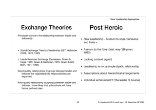 Exchange Theories
Principally concern the relationship between leader and
follower(s)



• Social Exchange Theory of leadership (SET) Hollander
(1958, 1978, 1993) 

• Leader Member Exchange (Dansereau, Graen &
Haga, 1975; Graen & Cashman, 1975; Graen & Uhl-
Bien, 1991, 1995)

Good quality relationships (ingroup) between leader and
follower the negotiated role responsibilities are
expanded

Poor quality relationship (outgroup) between leader and
follower - more likely that subordinate will have
formal deﬁned roles
Post Heroic
• New Leadership - A return to style, behaviour
and traits – 

• A return to the ‘one best way’ (Bryman,
1992)

• Lacking context (again)

• Leadership is not a simple dyadic relationship

• Assumptions about hierarchical arrangements

• Individual achievement? (The leader of course) 

‘New’ Leadership Approaches
35 5.0 leadership 2019 neo2 copy - 18 September BE 2562
 