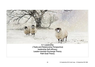 5.1 Leadership
( Traits and Relationship Perspective)
leadership Self-efﬁcacy
Leader-member Exchange Theory
Path Goal Theory
40 5.0 leadership 2019 neo2 copy - 18 September BE 2562
 