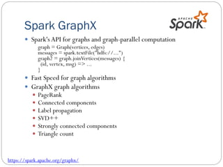 Spark GraphX
 Spark'sAPI for graphs and graph-parallel computation
graph = Graph(vertices, edges)
messages = spark.textFile("hdfs://...")
graph2 = graph.joinVertices(messages) {
(id, vertex, msg) => ...
}
 Fast Speed for graph algorithms
 GraphX graph algorithms
 PageRank
 Connected components
 Label propagation
 SVD++
 Strongly connected components
 Triangle count
https://spark.apache.org/graphx/
 