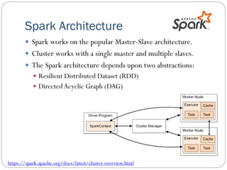 Spark Architecture
 Spark works on the popular Master-Slave architecture.
 Cluster works with a single master and multiple slaves.
 The Spark architecture depends upon two abstractions:
 Resilient Distributed Dataset (RDD)
 Directed Acyclic Graph (DAG)
https://spark.apache.org/docs/latest/cluster-overview.html
 
