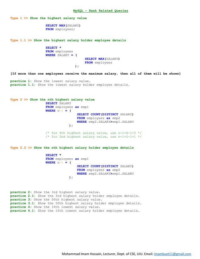 DBMS 6 | MySQL Practice List - Rank Related Queries | PDF