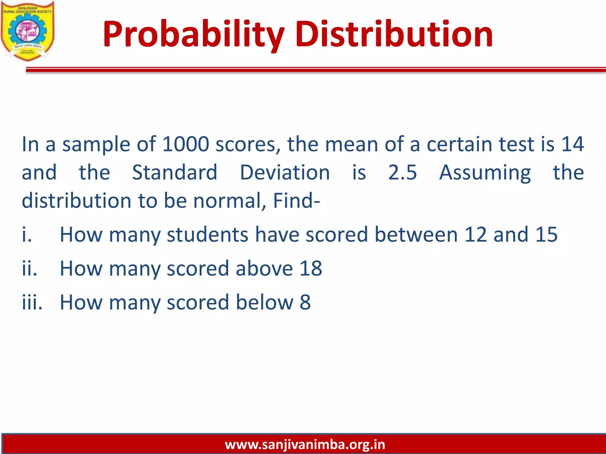 www.sanjivanimba.org.in
Probability Distribution
In a sample of 1000 scores, the mean of a certain test is 14
and the Standard Deviation is 2.5 Assuming the
distribution to be normal, Find-
i. How many students have scored between 12 and 15
ii. How many scored above 18
iii. How many scored below 8
 