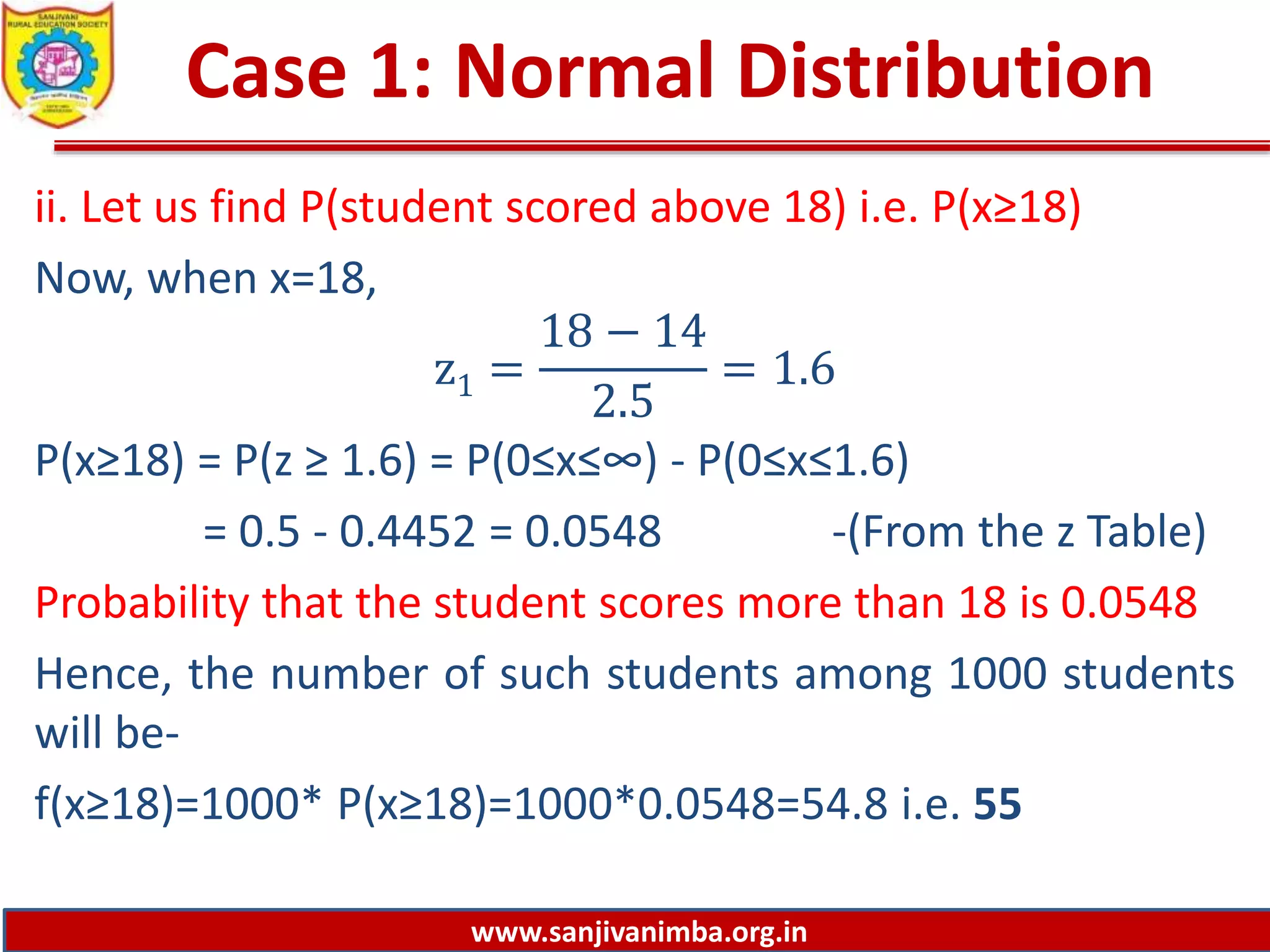 www.sanjivanimba.org.in
Case 1: Normal Distribution
ii. Let us find P(student scored above 18) i.e. P(x≥18)
Now, when x=18,
z1 =
18 − 14
2.5
= 1.6
P(x≥18) = P(z ≥ 1.6) = P(0≤x≤∞) - P(0≤x≤1.6)
= 0.5 - 0.4452 = 0.0548 -(From the z Table)
Probability that the student scores more than 18 is 0.0548
Hence, the number of such students among 1000 students
will be-
f(x≥18)=1000* P(x≥18)=1000*0.0548=54.8 i.e. 55
 
