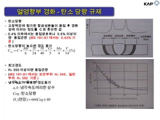 • 탄소당량
- 고장력강에 첨가된 합금성분들이 용접 후 경화
성에 미치는 정도를 C 로 환산한 값
- 0.4% 이하에서는 용접양호하나 0.5% 이상이
면 용접곤란 (MS 191-81 에서는 0.43% 기
준 )
- 탄소당량이 높으면 경도 증가
• 최고경도
- Hv 350 이상이면 용접곤란
- (MS 191-81 에서는 보안부위 Hv 345, 일반
부위 Hv 392 기준 )
- 냉각속도가 빠르면 경도증가
• 탄소당량
- 고장력강에 첨가된 합금성분들이 용접 후 경화
성에 미치는 정도를 C 로 환산한 값
- 0.4% 이하에서는 용접양호하나 0.5% 이상이
면 용접곤란 (MS 191-81 에서는 0.43% 기
준 )
- 탄소당량이 높으면 경도 증가
• 최고경도
- Hv 350 이상이면 용접곤란
- (MS 191-81 에서는 보안부위 Hv 345, 일반
부위 Hv 392 기준 )
- 냉각속도가 빠르면 경도증가
[%]
144540246
VMoCrNiSiMn
CCeq ++++++=
40666)(
:
:,
max
±=
+=
CeqH
Ceq
ba
baCeqH
v 연강
탄소당량
상수의한냉각속도에
열영향부 경화열영향부 경화 -- 탄소 당량 규제탄소 당량 규제열영향부 경화열영향부 경화 -- 탄소 당량 규제탄소 당량 규제
 