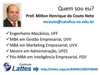 Quem sou eu?
Prof. Milton Henrique do Couto Neto
mcouto@catolica-es.edu.br
Engenheiro Mecânico, UFF
MBA em Gestão Empresarial, UVV
MBA em Marketing Empresarial, UVV
Mestre em Administração, UFES
Pós-MBA em Inteligência Empresarial, FGV
http://lattes.cnpq.br/8394911895758599

 