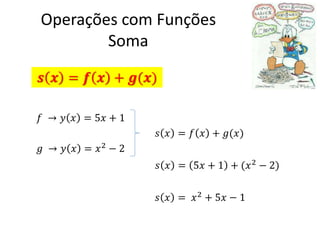 Operações com Funções
Soma
𝒔 𝒙 = 𝒇 𝒙 + 𝒈(𝒙)
𝑓 → 𝑦 𝑥 = 5𝑥 + 1
𝑠 𝑥 = 𝑓 𝑥 + 𝑔(𝑥)
𝑔 → 𝑦 𝑥 = 𝑥2 − 2
𝑠 𝑥 = 5𝑥 + 1 + (𝑥 2 − 2)
𝑠 𝑥 = 𝑥 2 + 5𝑥 − 1

 