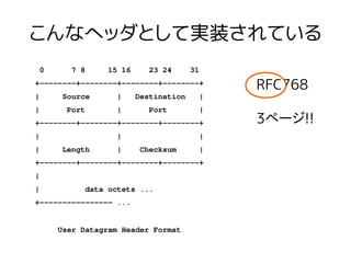 こんなヘッダとして実装されている
0 7 8 15 16 23 24 31
+--------+--------+--------+--------+
| Source | Destination |
| Port | Port |
+--------+--------+--------+--------+
| | |
| Length | Checksum |
+--------+--------+--------+--------+
|
| data octets ...
+---------------- ...
User Datagram Header Format
RFC768
3ページ!!
 