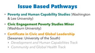 • Poverty and Human Capability Studies (Washington
& Lee University)
• Civic Engagement Poverty Studies Minor
(Washburn University)
• Certiﬁcate in Civic and Global Leadership
(Sewanee: University of the South)
‣ Development and Human Capabilities Track
‣ Community and Global Health Track
Issue Based Pathways
 