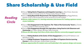 • Discuss Taking Stock of Capstones and Integrative Learning by Jillian Kinzie, Associate
Director, Indiana University Center for Postsecondary Research /NSSE
• Discuss Going Beyond the Requirement: The Capstone Experience by Peggy Redman,
Director of the La Verne Experience at the University of La Verne Boyer
• Discuss viable reasons (i.e., learning outcomes) and avenues for creating capstone courses
at your institution.
• Discuss Civic Engagement in the Capstone: The “State of the Community” Event by Charles
C. Turner, California State University, Chico
• Discuss Civic Engagement through Civic Agriculture: Using Food to Link Classroom and
Community by D. Wynn Wright, Michigan State University
• Discuss the take-aways from these articles about effective community-engaged capstones.
• Discuss Putting Students at the Center of Civic Engagement by Richard M. Battistoni and
Nicholas V. Longo
• Discuss College Graduates’ Perspectives on the Effect of Capstone Service-Learning
Courses by Seanna Kerrigan, Portland State University
• Discuss opportunities for student voice and leadership in the capstone design and courses.
Reading
Circle
Share Scholarship & Use Field
 