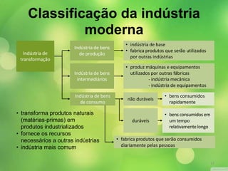 Indústria de
transformação
Indústria de bens
de produção
Indústria de bens
intermediários
Indústria de bens
de consumo
não duráveis
duráveis
• transforma produtos naturais
(matérias-primas) em
produtos industrializados
• fornece os recursos
necessários a outras indústrias
• indústria mais comum
• indústria de base
• fabrica produtos que serão utilizados
por outras indústrias
• produz máquinas e equipamentos
utilizados por outras fábricas
- indústria mecânica
- indústria de equipamentos
• bens consumidos
rapidamente
• bens consumidos em
um tempo
relativamentelongo
• fabrica produtos que serão consumidos
diariamente pelas pessoas
Classificação da indústria
moderna
13
 