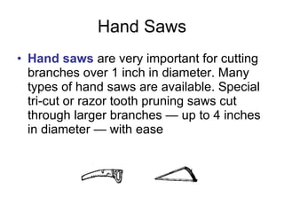 Hand Saws Hand saws  are very important for cutting branches over 1 inch in diameter. Many types of hand saws are available. Special tri-cut or razor tooth pruning saws cut through larger branches — up to 4 inches in diameter — with ease  