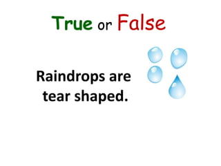 True or False
Raindrops are
tear shaped.
 
