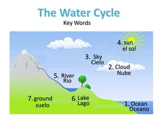 7.
4.
2.
5.
6.
1.
3.
Key Words
Oceano
Ocean
Cloud
Nube
Sky
Cielo
sun
el sol
River
Rio
Lake
Lago
ground
suelo
 