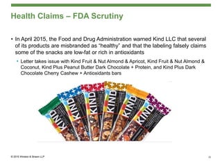 Health Claims – FDA Scrutiny
• In April 2015, the Food and Drug Administration warned Kind LLC that several
of its products are misbranded as “healthy” and that the labeling falsely claims
some of the snacks are low-fat or rich in antioxidants
• Letter takes issue with Kind Fruit & Nut Almond & Apricot, Kind Fruit & Nut Almond &
Coconut, Kind Plus Peanut Butter Dark Chocolate + Protein, and Kind Plus Dark
Chocolate Cherry Cashew + Antioxidants bars
21
 