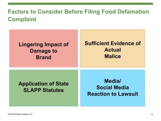 Factors to Consider Before Filing Food Defamation
Complaint
Lingering Impact of
Damage to
Brand
42
Sufficient Evidence of
Actual
Malice
Application of State
SLAPP Statutes
Media/
Social Media
Reaction to Lawsuit
 