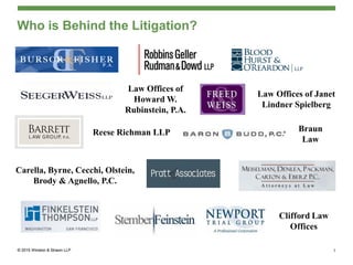Who is Behind the Litigation?
Reese Richman LLP Braun
Law
Law Offices of
Howard W.
Rubinstein, P.A.
Law Offices of Janet
Lindner Spielberg
Carella, Byrne, Cecchi, Olstein,
Brody & Agnello, P.C.
7
 