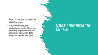 Çapa Harmanlama
Modeli
• Ders, tanımlayıcı ve somut bir
etkinlikle başlar.
• Çevrimiçi kaynaklarla
etkileşim, çevrimiçi öğrenme,
çevrimiçi değerlendirme gibi
etkinlikleri barındıran daha
bağımsız deneyimler içerir.
 