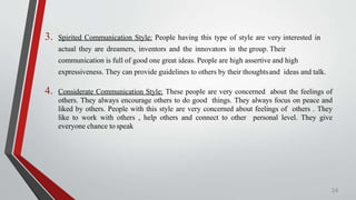 3. Spirited Communication Style: People having this type of style are very interested in
actual they are dreamers, inventors and the innovators in the group. Their
communication is full of good one great ideas. People are high assertive and high
expressiveness. They can provide guidelines to others by their thoughtsand ideas and talk.
4. Considerate Communication Style: These people are very concerned about the feelings of
others. They always encourage others to do good things. They always focus on peace and
liked by others. People with this style are very concerned about feelings of others . They
like to work with others , help others and connect to other personal level. They give
everyone chance to speak
14
 
