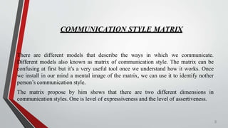 COMMUNICATION STYLE MATRIX
There are different models that describe the ways in which we communicate.
Different models also known as matrix of communication style. The matrix can be
confusing at first but it’s a very useful tool once we understand how it works. Once
we install in our mind a mental image of the matrix, we can use it to identify nother
person’s communication style.
The matrix propose by him shows that there are two different dimensions in
communication styles. One is level of expressiveness and the level of assertiveness.
8
 