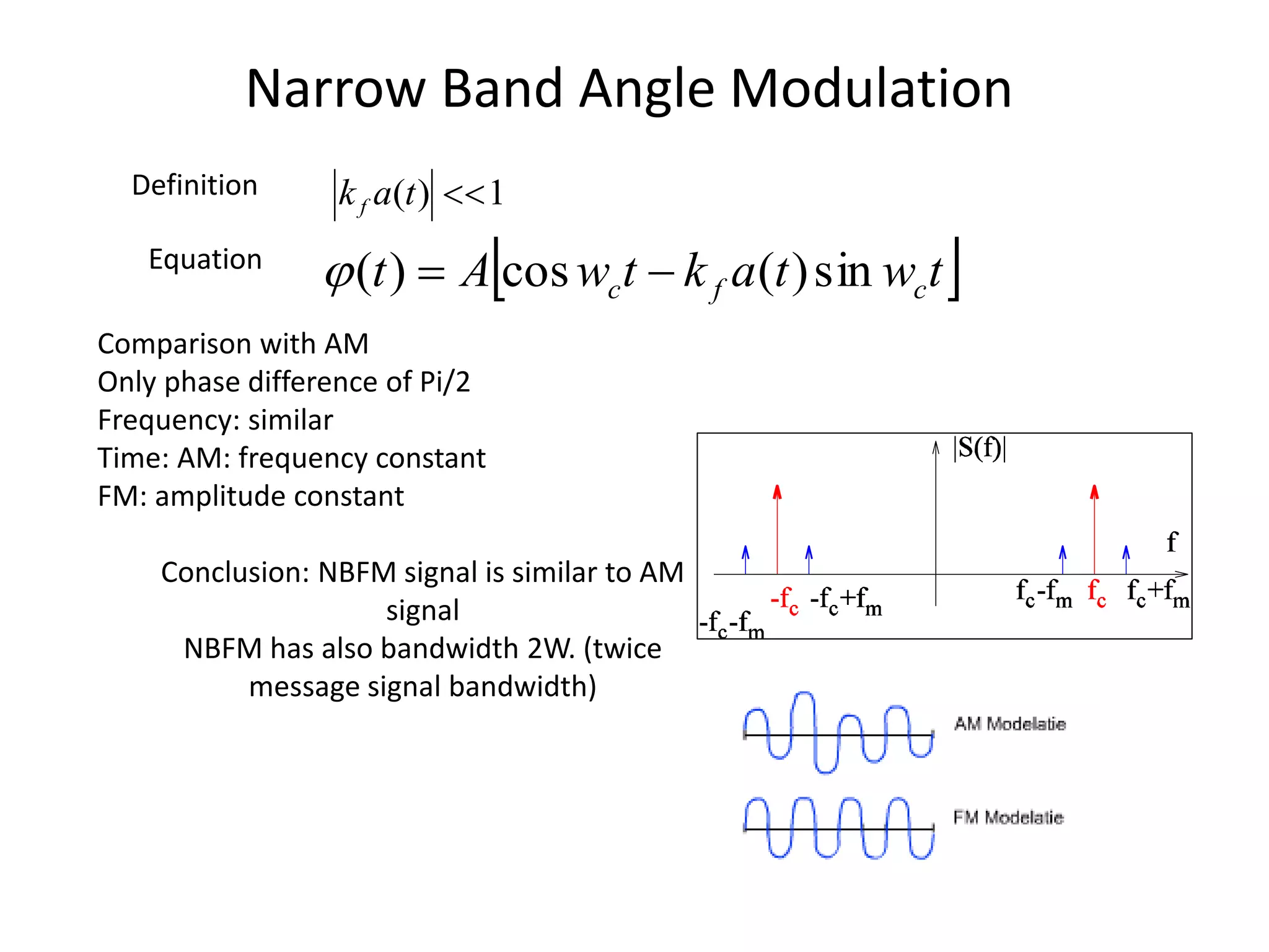 Narrow Band Angle Modulation
1
)
( 
t
a
kf
 
t
w
t
a
k
t
w
A
t c
f
c sin
)
(
cos
)
( 


Definition
Equation
Comparison with AM
Only phase difference of Pi/2
Frequency: similar
Time: AM: frequency constant
FM: amplitude constant
Conclusion: NBFM signal is similar to AM
signal
NBFM has also bandwidth 2W. (twice
message signal bandwidth)
 