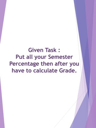 Given Task :
Put all your Semester
Percentage then after you
have to calculate Grade.
 