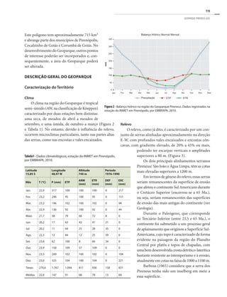 115
GEOPARQUE PIRENEUS (GO)
Este polígono tem aproximadamente 715 km²
e abrange parte dos municípios de Pirenópolis,
Cocalzinho de Goiás e Corumbá de Goiás. No
desenvolvimento do Geoparque, outros pontos
de interesse poderão ser incorporados e, con-
sequentemente, a área do Geoparque poderá
ser alterada.
DESCRIÇÃO GERAL DO GEOPARQUE
Caracterização do Território
Clima
O clima na região do Geoparque é tropical
semi–úmido (AW, na classificação de Köeppen)
caracterizado por duas estações bem distintas:
uma seca, de meados de abril a meados de
setembro, e uma úmida, de outubro a março (Figura 2
e Tabela 1). No entanto, devido à influência do relevo,
ocorrem microclimas particulares, tanto nas partes altas
das serras, como nas encostas e vales encaixados.
Tabela1 - Dados climatológicos, estação do INMET em Pirenópolis,
por EMBRAPA, 2010.
Figura2- Balanço hídrico na região do Geoparque Pireneus. Dados registrados na
estação do INMET em Pirenópolis, por EMBRAPA, 2010.
Latitude
15,85 S
Longitude
48,97 W
Altitude
740 m
Período
1976-1990
Mês T (°C) P (mm) ETP
ARM
(mm)
ETR
(mm)
DEF
(mm)
ExC
(mm)
Jan. 22,9 317 100 100 100 0 217
Fev. 23,2 246 95 100 95 0 151
Mar. 23,2 196 102 100 102 0 94
Abr. 22,9 136 92 100 92 0 44
Maio 21,7 38 79 66 72 8 0
Jun. 20,2 17 62 42 41 21 0
Jul. 20,2 11 64 25 28 35 0
Ago. 22,3 12 84 12 25 59 0
Set. 23,8 62 100 8 66 34 0
Out. 23,9 158 109 57 109 0 0
Nov. 23,3 249 102 100 102 0 104
Dez. 23,0 325 104 100 104 0 221
Totais 270,6 1.767 1.094 811 936 158 831
Médias 22,6 147 91 68 78 13 69
Relevo
O relevo, como já dito, é caracterizado por um con-
junto de serras alinhadas aproximadamente na direção
E-W, com profundos vales encaixados e encostas côn-
cavas, com gradiente elevado, de 20% a 45% ou mais,
podendo ter escarpas verticais e amplitudes
superiores a 80 m. (Figura 3).
Os dois principais alinhamentos serranos
Pireneus/ São João e Água Limpa, têm as cotas
mais elevadas superiores a 1200 m.
Em termos de gênese do relevo, essas serras
seriam remanescentes da superfície de erosão
que afetou o continente Sul Americano durante
o Cretáceo Superior (encerrou-se a 65 Ma.),
ou seja, seriam remanescentes das superfícies
de erosão das mais antigas do continente (ver
Geologia).
Durante o Paleógeno, que corresponde
ao Terciário Inferior (entre 23,5 e 65 Ma.), o
continente foi submetido a um processo geral
de aplainamento que originou a Superfície Sul-
Americana, cujo topo é caracterizado de forma
evidente na paisagem da região do Planalto
Central por platôs e topos de chapadas, com
umabemdesenvolvidacrostadetrítico-laterítica
bastante resistente ao intemperismo e à erosão,
atualmente em cotas na faixa de 1000 a 1100 m.
Barbosa (1965) considera que a serra dos
Pireneus tenha sido um inselberg em meio a
essa superfície.
 