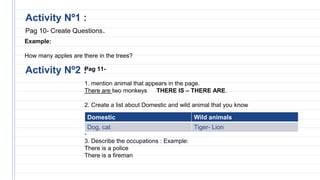 Activity Nº2 :
Example:
How many apples are there in the trees?
Activity Nº1 :
Pag 10- Create Questions.
Pag 11-
1. mention animal that appears in the page.
There are two monkeys THERE IS – THERE ARE.
2. Create a list about Domestic and wild animal that you know
.
-
3. Describe the occupations : Example:
There is a police
There is a fireman
Domestic Wild animals
Dog, cat Tiger- Lion
 
