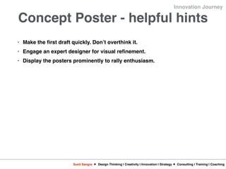 Sunil Sangra Design Thinking | Creativity | Innovation | Strategy Consulting | Training | Coaching
Innovation Journey
Concept Poster - helpful hints
• Make the first draft quickly. Don’t overthink it.
• Engage an expert designer for visual refinement.
• Display the posters prominently to rally enthusiasm.
 