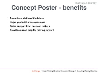 Sunil Sangra Design Thinking | Creativity | Innovation | Strategy Consulting | Training | Coaching
Innovation Journey
Concept Poster - benefits
• Promotes a vision of the future
• Helps you build a business case
• Gains support from decision makers
• Provides a road map for moving forward
 