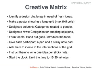 Sunil Sangra Design Thinking | Creativity | Innovation | Strategy Consulting | Training | Coaching
Innovation Journey
Creative Matrix
• Identify a design challenge in need of fresh ideas.
• Make a poster showing a large grid (max 5x5 cells)
• Designate columns: Categories related to people.
• Designate rows: Categories for enabling solutions.
• Form teams. Hand out grids. Introduce the topic.
• Give each participant a pen and a sticky note pad.
• Ask them to ideate at the intersections of the grid.
• Instruct them to write one idea per sticky note.
• Start the clock. Limit the time to 15-20 minutes.
 