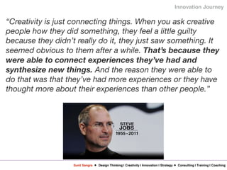 Sunil Sangra Design Thinking | Creativity | Innovation | Strategy Consulting | Training | Coaching
Innovation Journey
“Creativity is just connecting things. When you ask creative
people how they did something, they feel a little guilty
because they didn’t really do it, they just saw something. It
seemed obvious to them after a while. That’s because they
were able to connect experiences they’ve had and
synthesize new things. And the reason they were able to
do that was that they’ve had more experiences or they have
thought more about their experiences than other people.”
 
