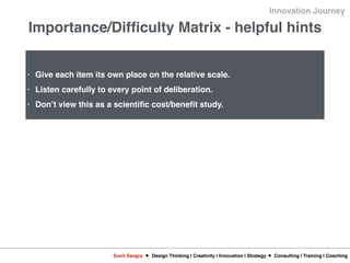 Sunil Sangra Design Thinking | Creativity | Innovation | Strategy Consulting | Training | Coaching
Innovation Journey
Importance/Difficulty Matrix - helpful hints
• Give each item its own place on the relative scale.
• Listen carefully to every point of deliberation.
• Don’t view this as a scientific cost/benefit study.
 
