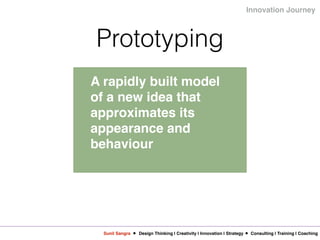 Sunil Sangra Design Thinking | Creativity | Innovation | Strategy Consulting | Training | Coaching
Innovation Journey
Prototyping
A rapidly built model
of a new idea that
approximates its
appearance and
behaviour
 